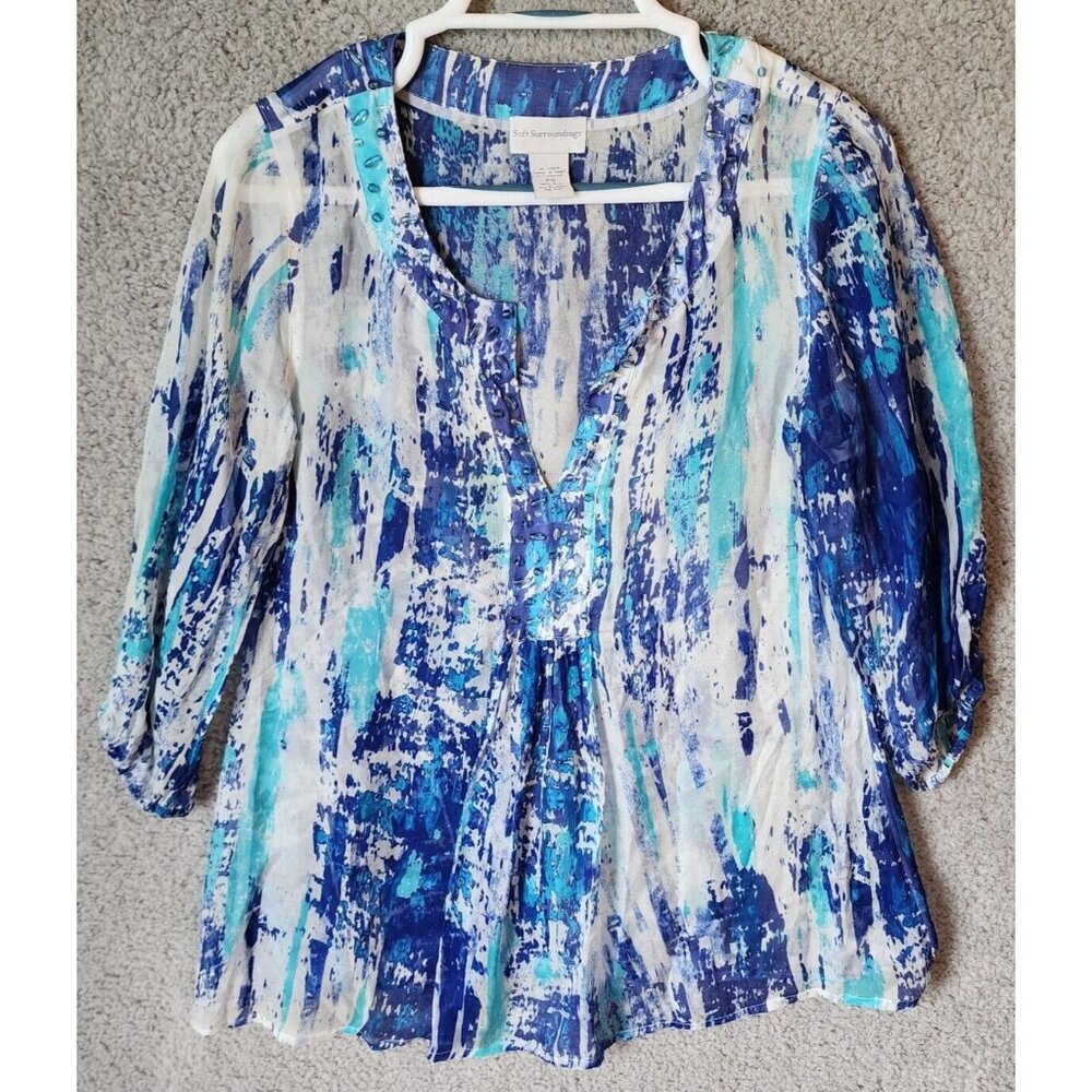 Soft Surroundings 3/4 Sleeve Beaded V Neck Popover Tunic Blouse Blue Silk Sz PS